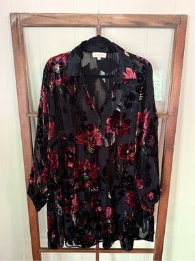 All About Her Black Burnout Velvet Floral Tunic Mini Dress Boho Romantic - M